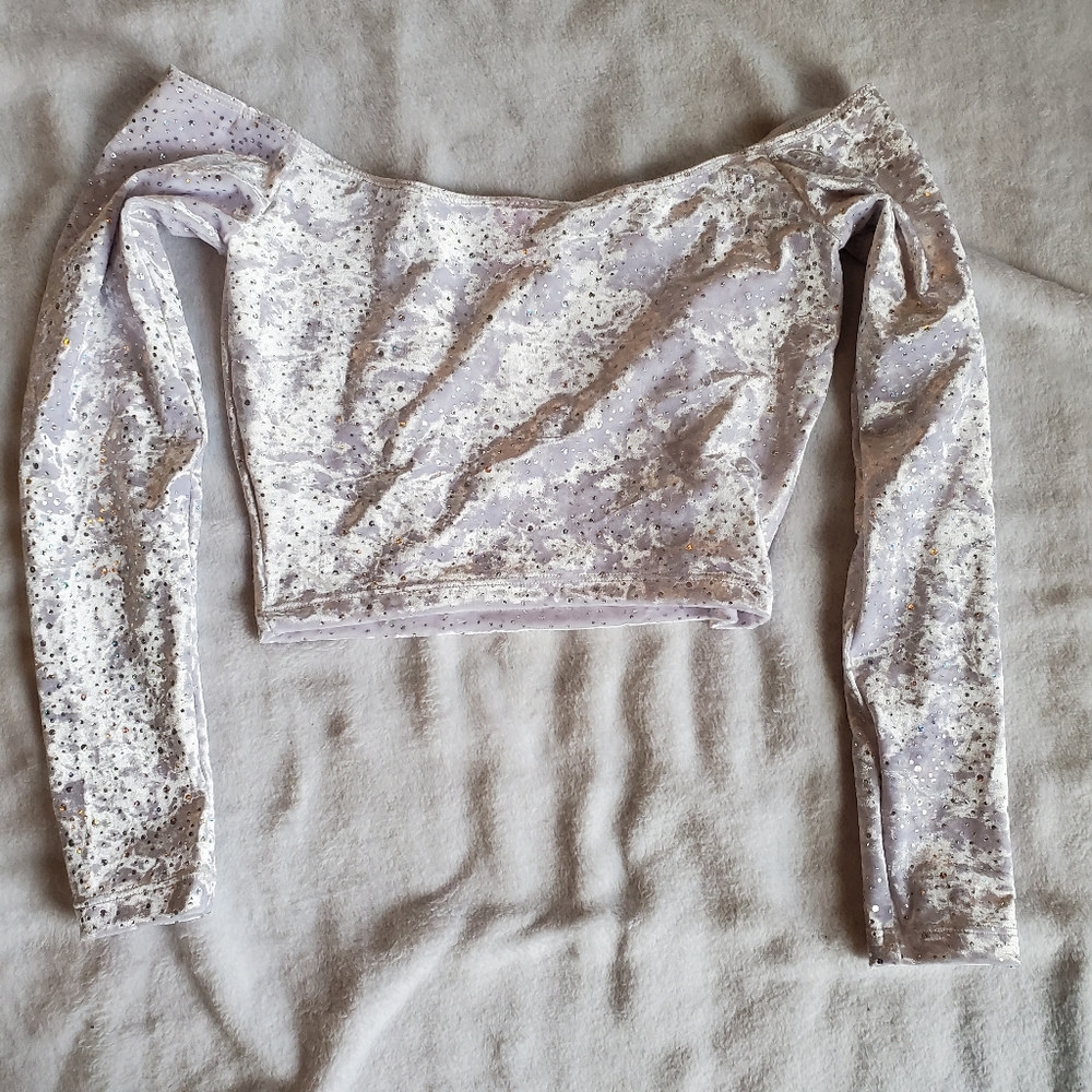White rainbow sparkle off the shoulder crop top